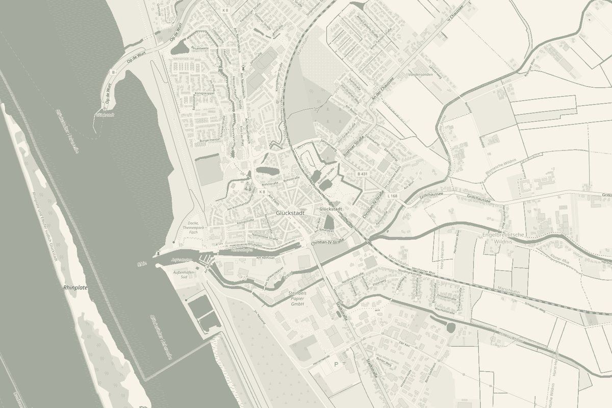 Karte von Glückstadt und Umgebung aus der Vogelperspektive, eingefärbt in den Markenfarben.