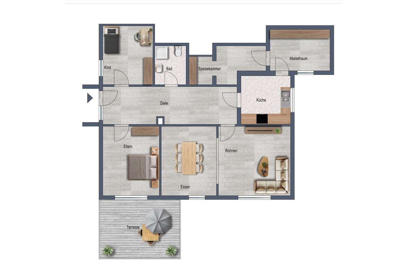Grundriss der 5-Zimmer-Erdgeschosswohnung in Hemdingen mit Terrasse.