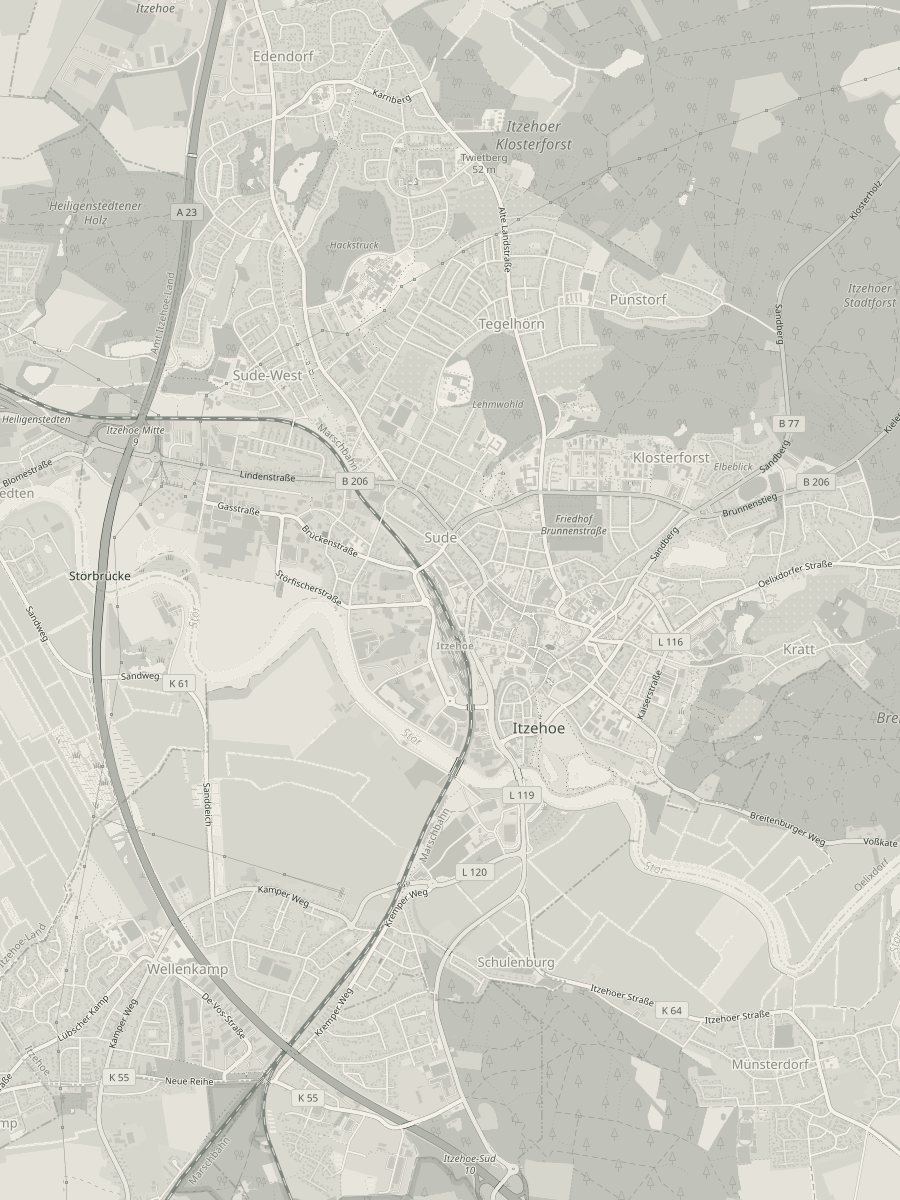 Vogelperspektive von Itzehoe mit vier markierten Wohnlagen und ihren Bodenrichtwert-Spannen: Innenstadt um 300, Kratt um 190, Edendorf 150 bis 180, Wellenkamp um 120 Euro pro Quadratmeter.
