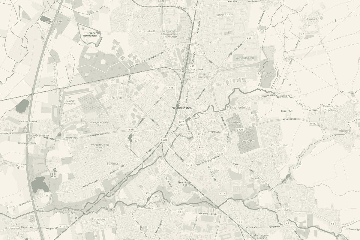 Karte von Neumünster und Umgebung aus der Vogelperspektive, eingefärbt in den Markenfarben.